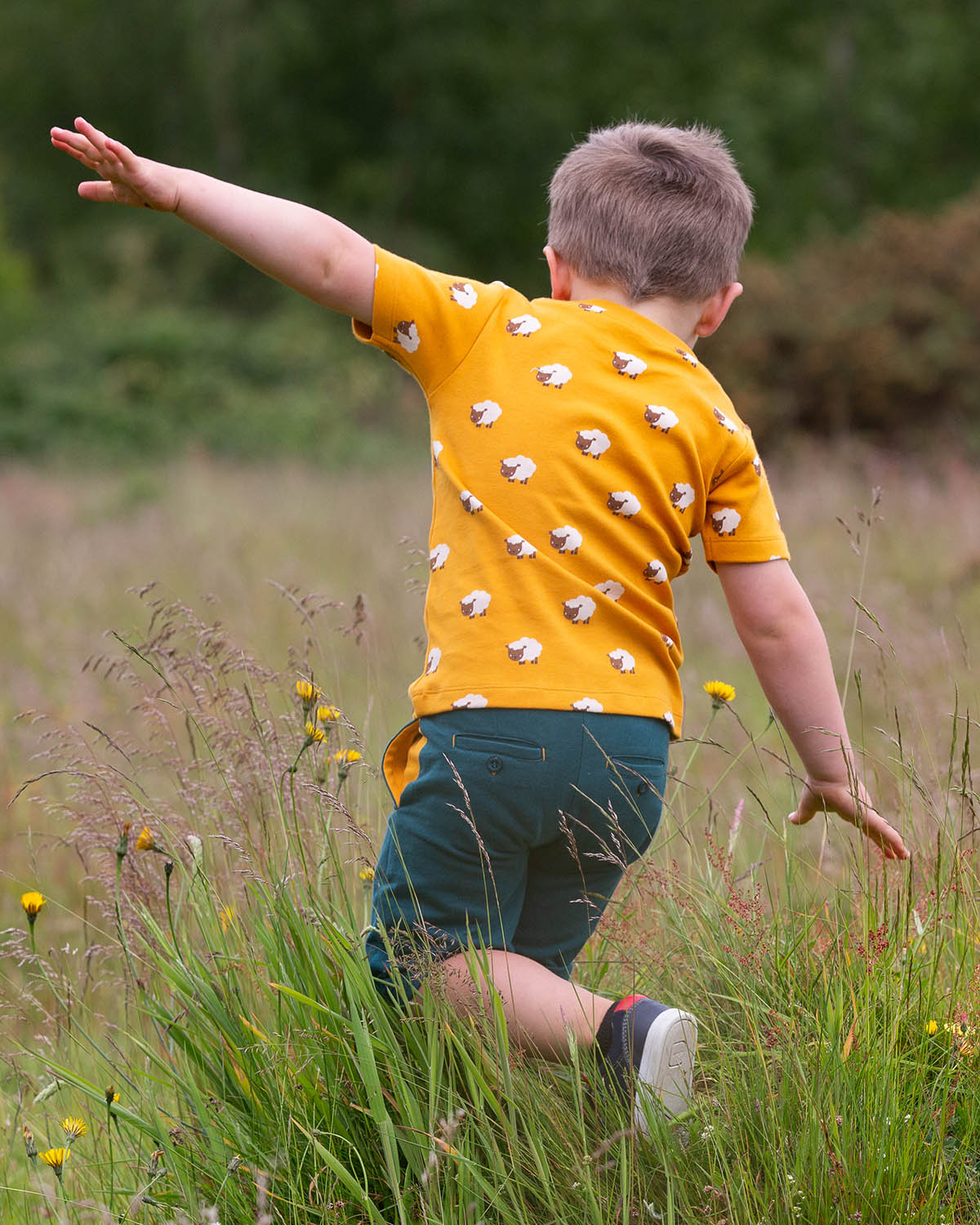  this t-shirt has a fun sheep print on orange fabric