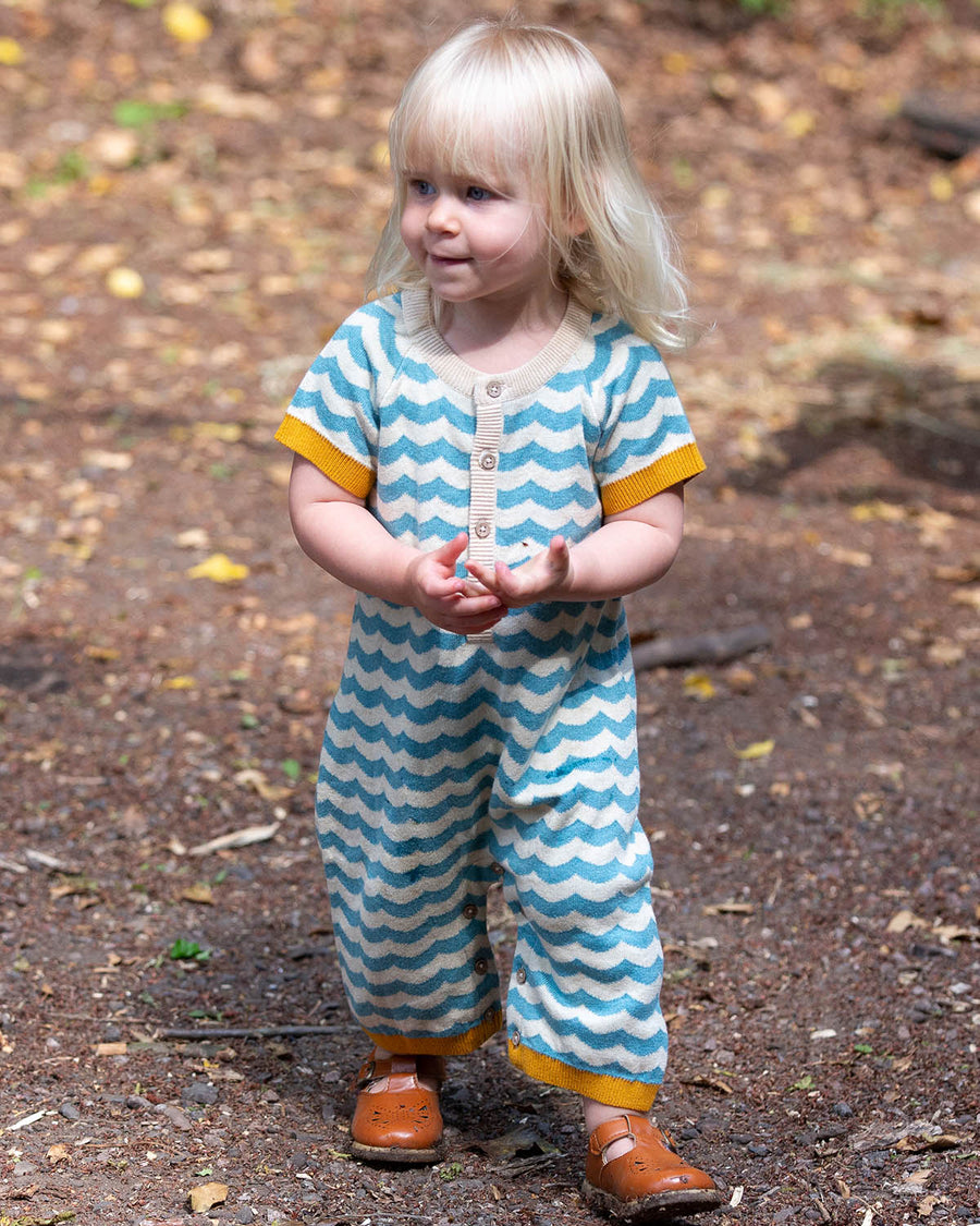  this shortie has a beautiful blue and cream wavy stripe with yellow arm and leg cuffs