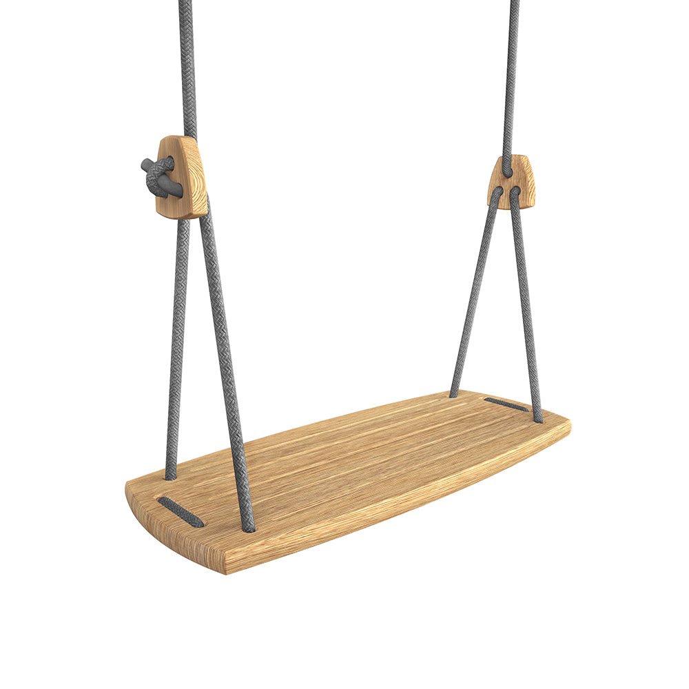 Close up of the Lillagunga eco-friendly grey oak wood rope swing on a white background