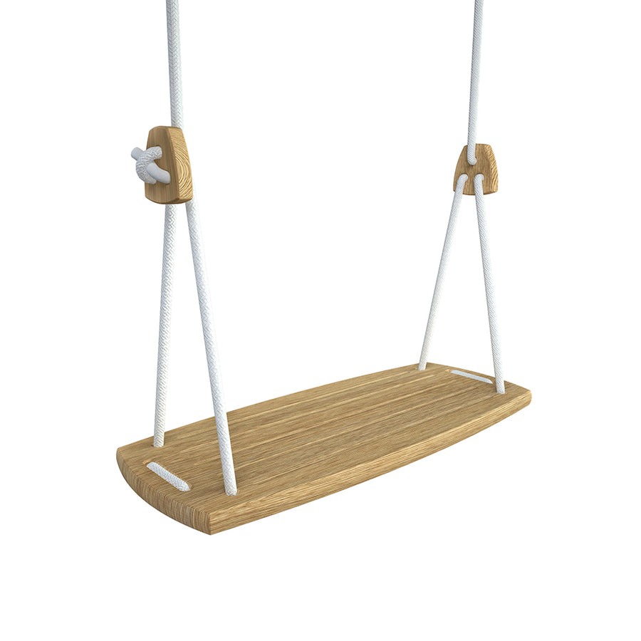 Close up of the Lillagunga eco-friendly white oak wood rope swing on a white background