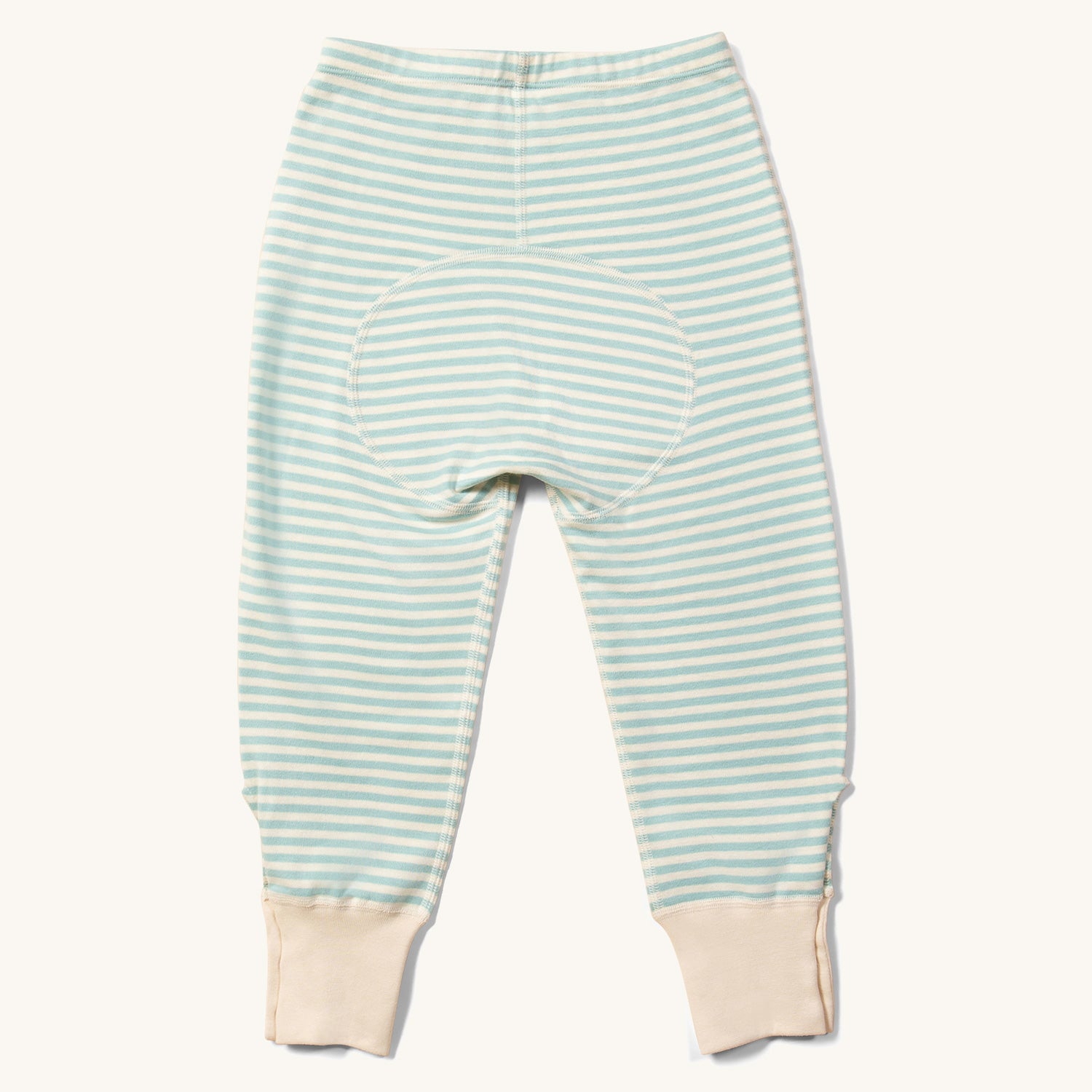 view of the back of the Little Green Radicals Adaptive Extra Long Blue Striped Joggers pictured on a plain background