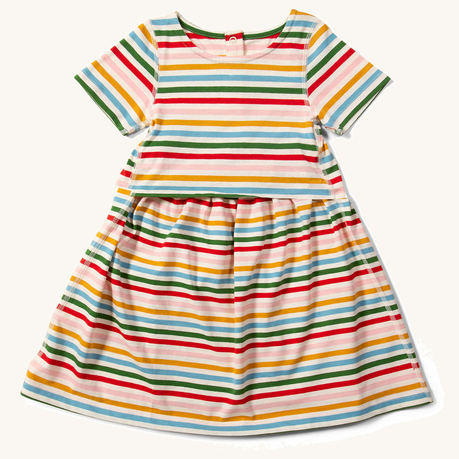 Little Green Radicals Adaptive Rainbow Stripe Easy Peasy Dress pictured on a plain background