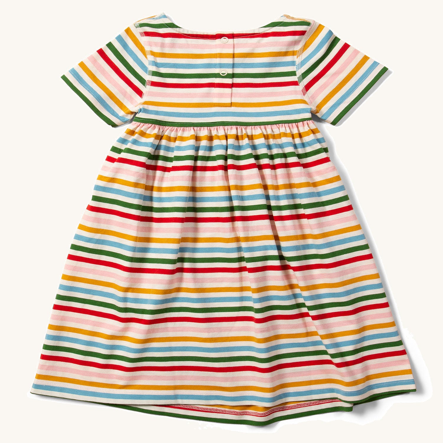 view of the back of the Little Green Radicals Adaptive Rainbow Stripe Easy Peasy Dress pictured on a plain background