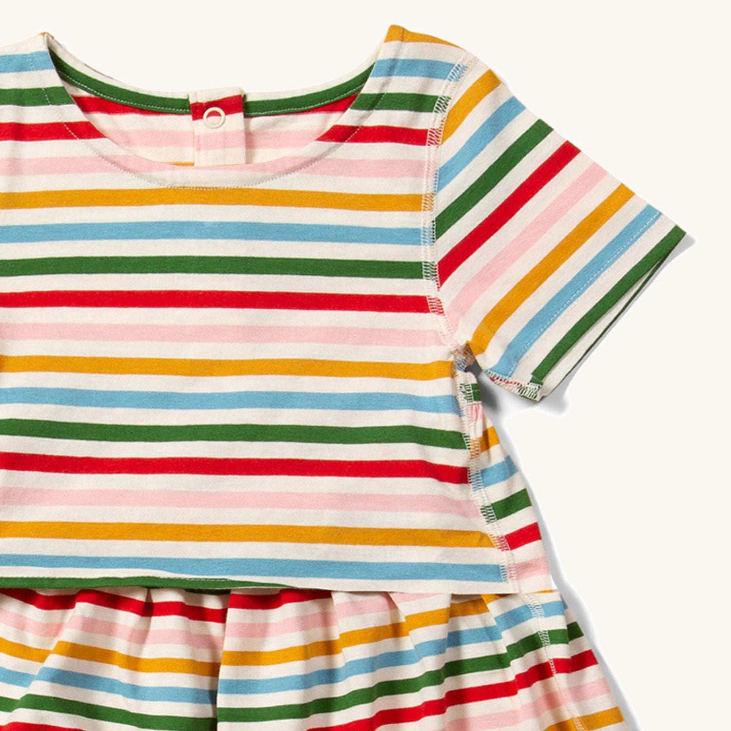 close up of the stripes on the Little Green Radicals Adaptive Rainbow Stripe Easy Peasy Dress pictured on a plain background