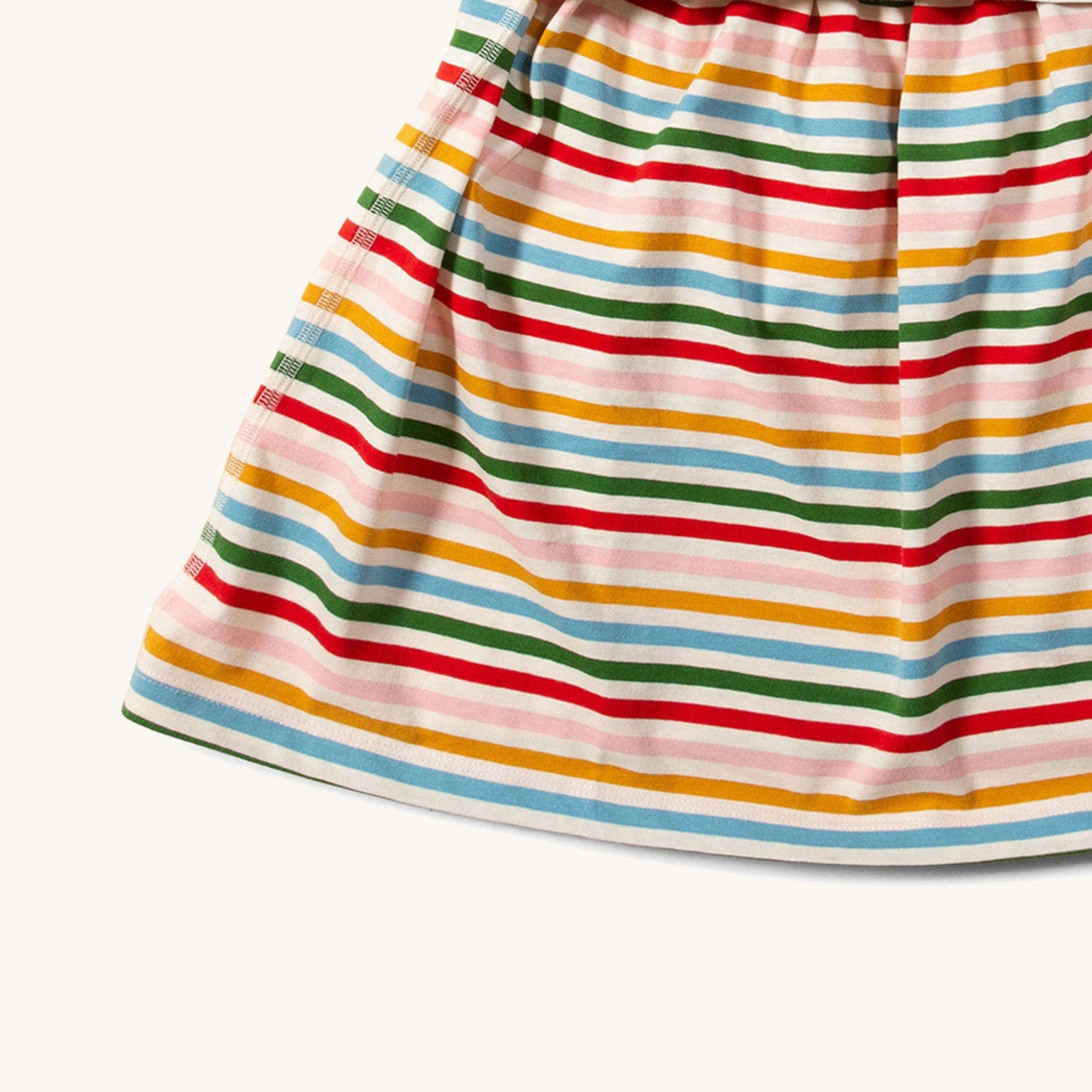 Close up of the coloured stripes Little Green Radicals Adaptive Rainbow Stripe Easy Peasy Dress pictured on a plain background