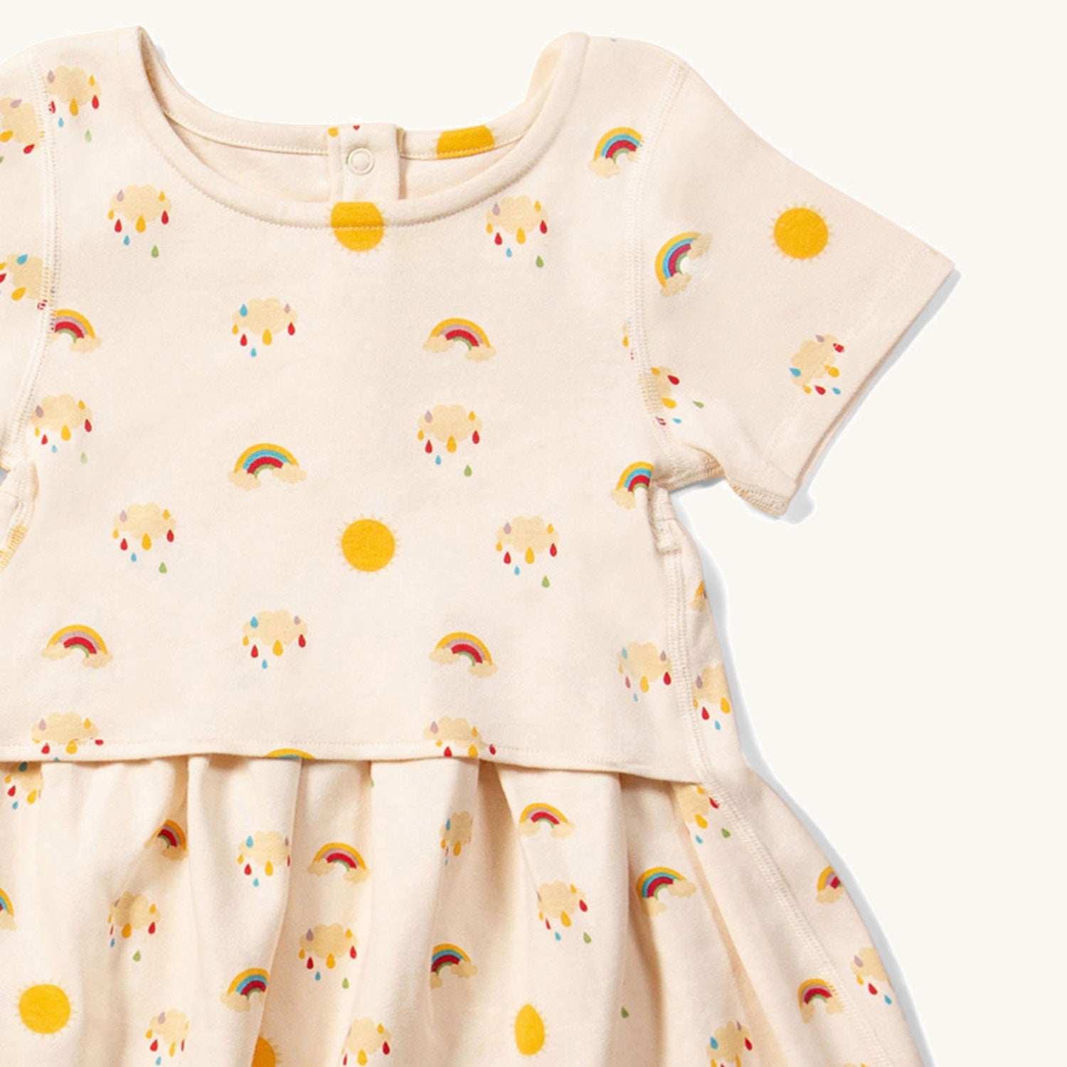 close up of the print f the Little Green Radicals Adaptive Sunshine & Rainbows Easy Peasy Dress pictured on a plain background