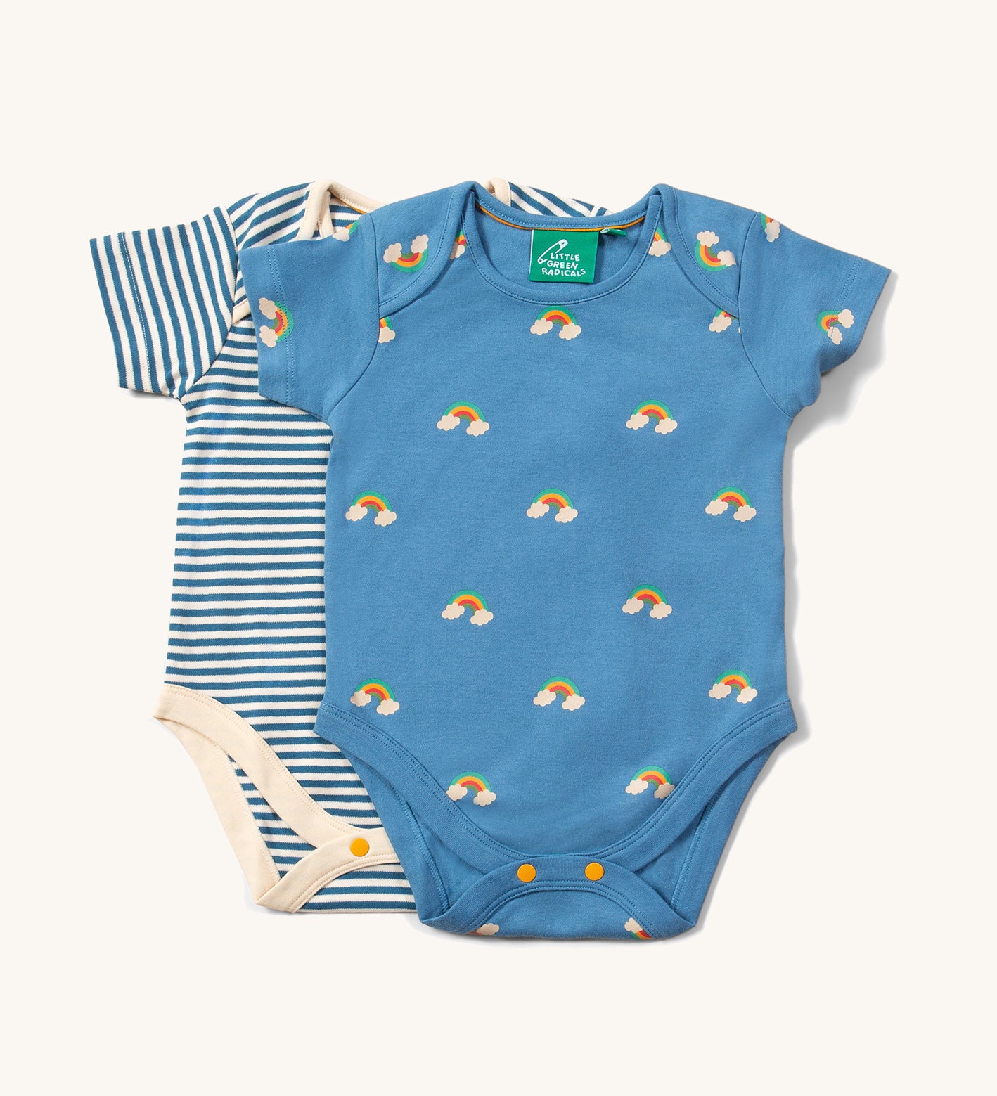 The Little Green Radicals Blue Rainbows Organic Cotton short sleeve Baby Body Set on a plain background. 