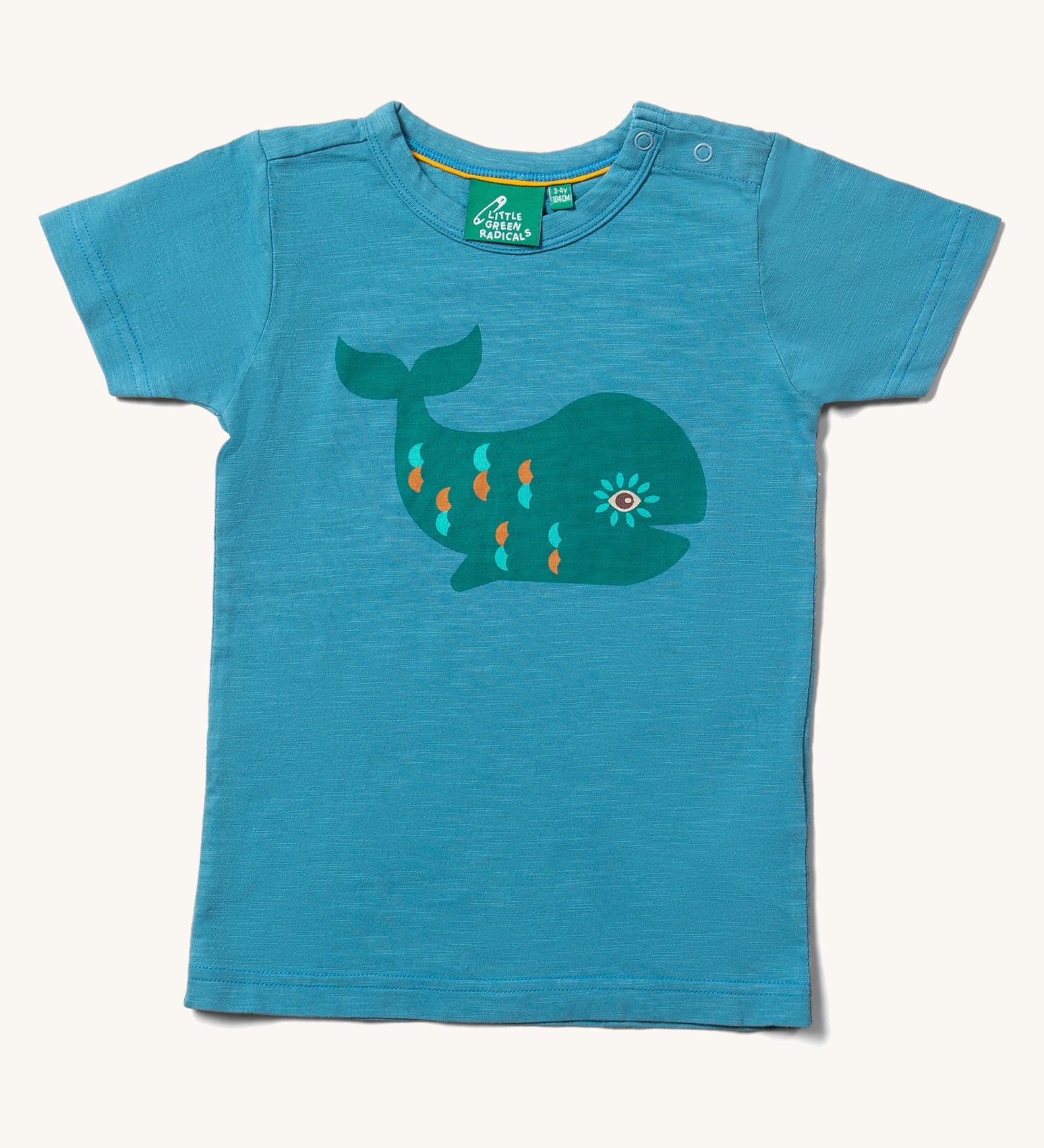 The Little Green Radicals Blue Whale Short Sleeve T-Shirt on a plain background. 