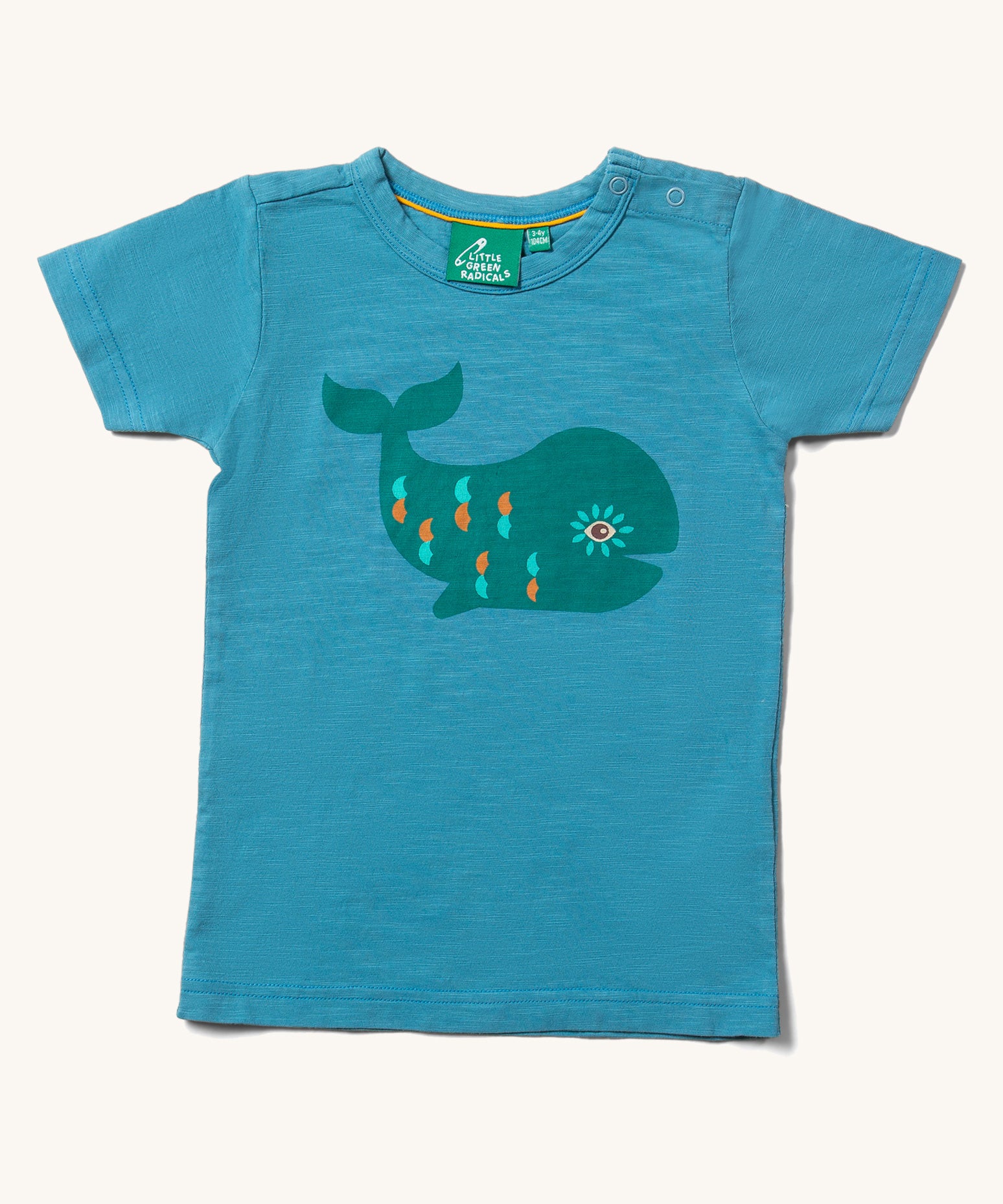 The Little Green Radicals Blue Whale Short Sleeve T-Shirt on a plain background. 