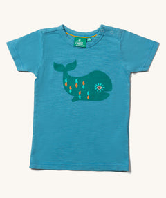 The Little Green Radicals Blue Whale Short Sleeve T-Shirt on a plain background. 