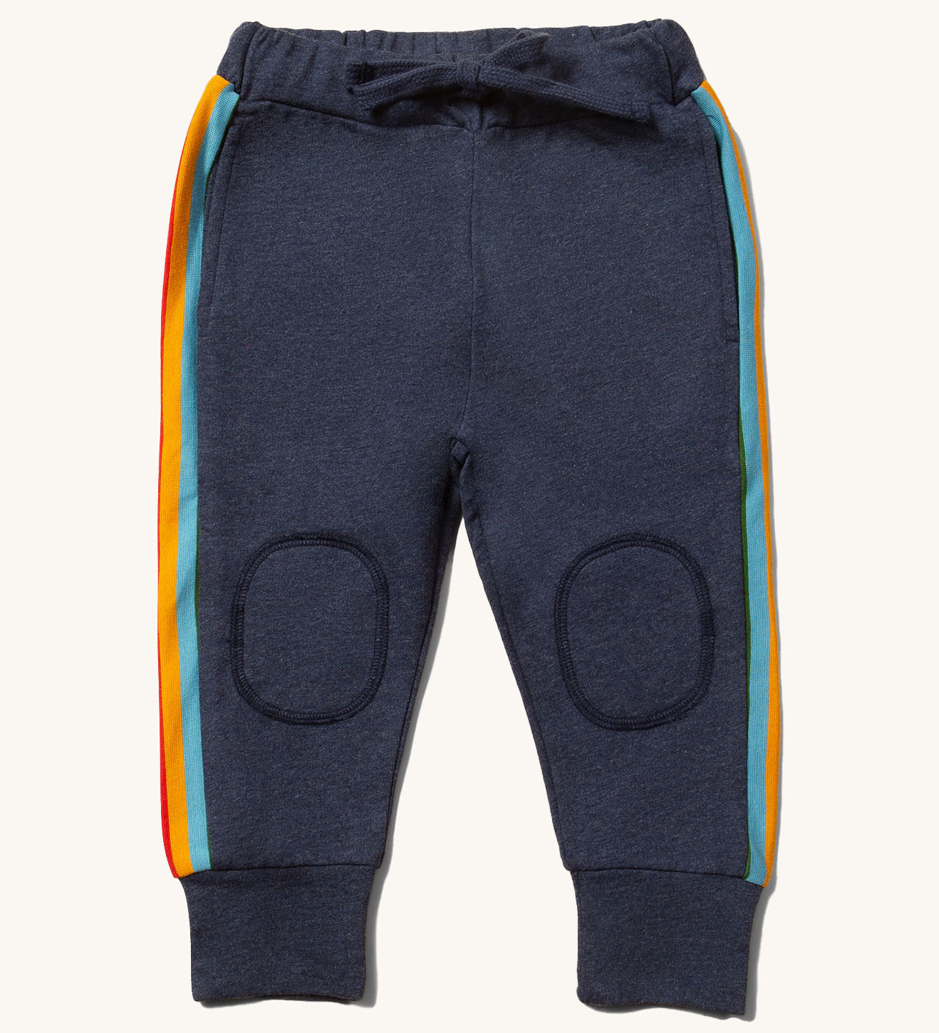 Little Green Radicals Navy Organic Comfy Joggers with a Striped Rainbow stripe on the side