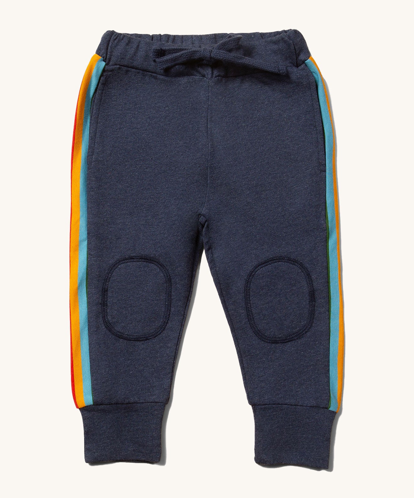 Little Green Radicals Navy Organic Comfy Joggers with a Striped Rainbow stripe on the side