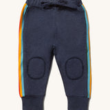 Little Green Radicals Navy Organic Comfy Joggers with a Striped Rainbow stripe on the side