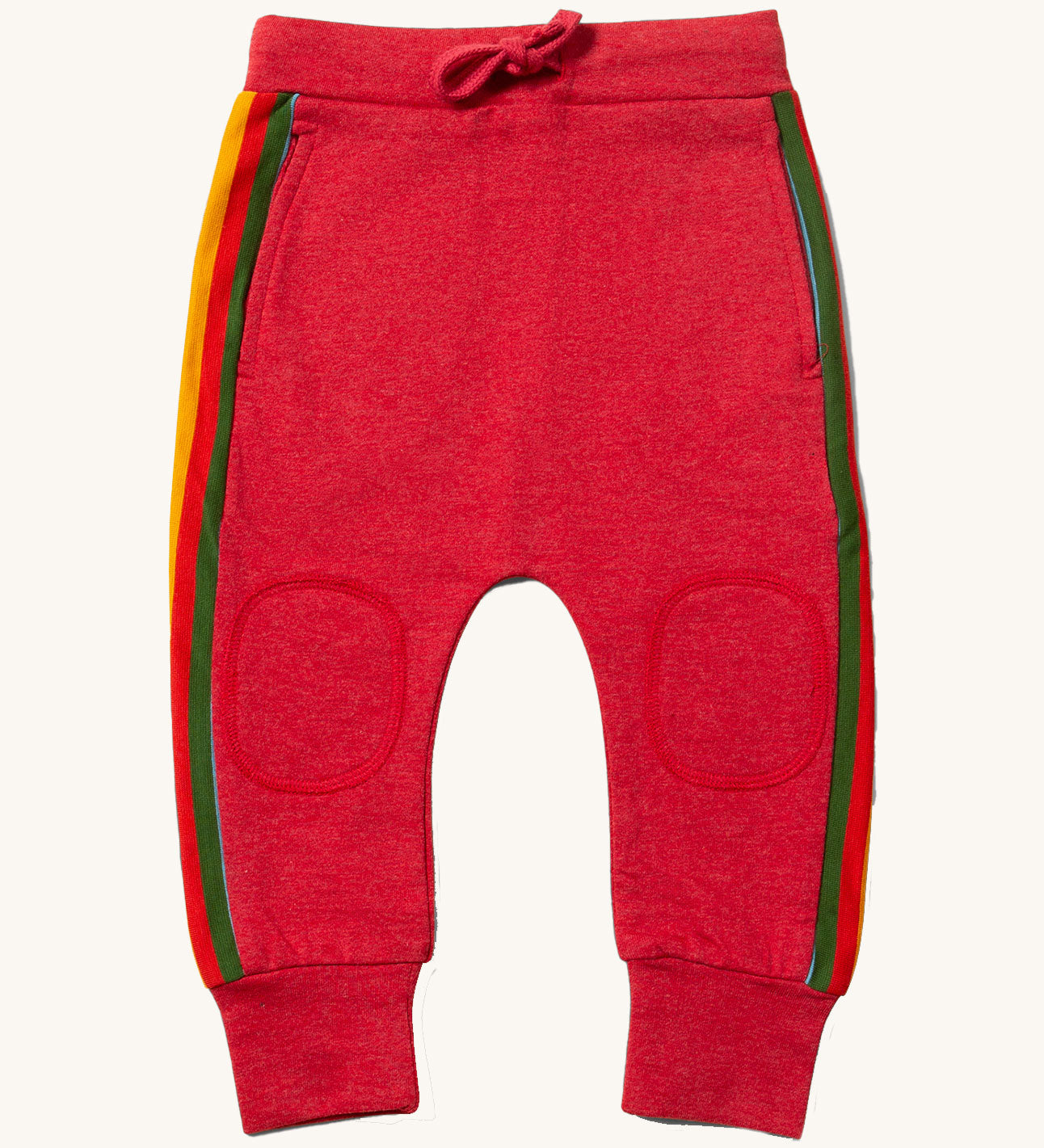 Little Green Radicals Red Organic Cotton Comfy Joggers with rainbow stripe on the sides