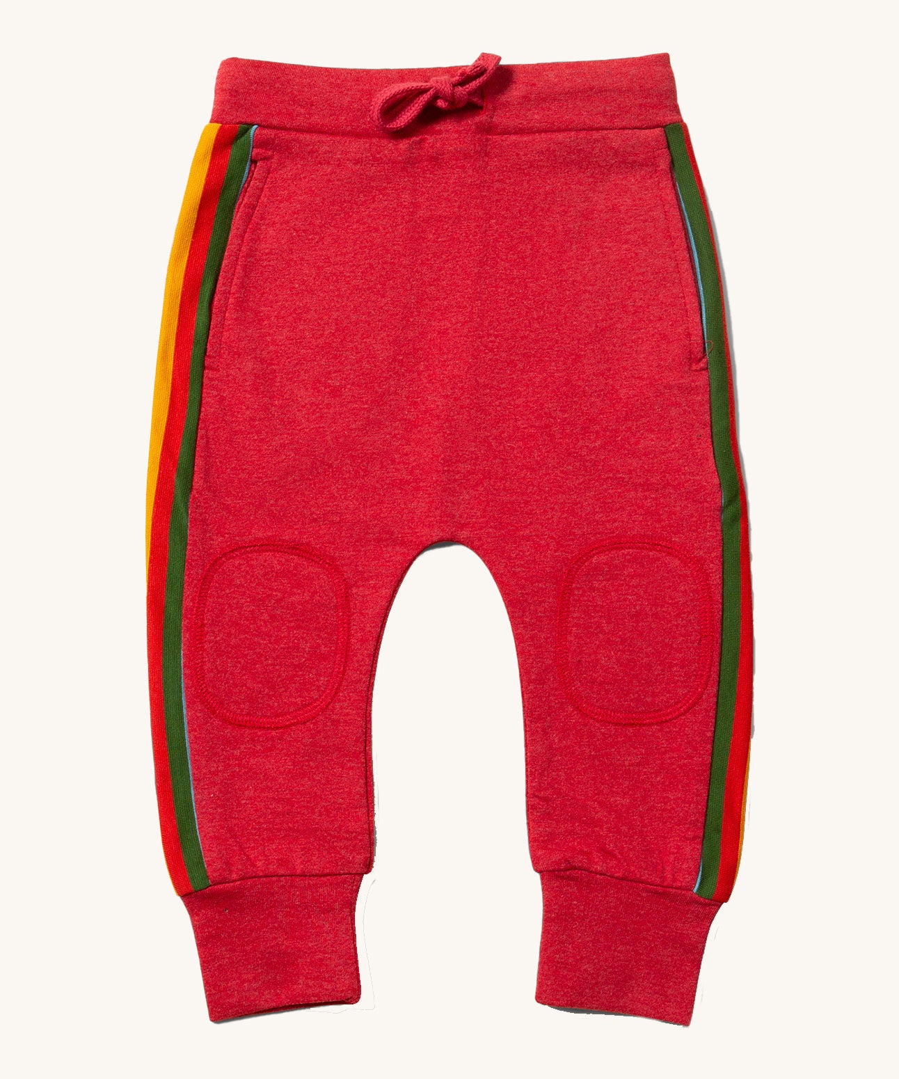 Little Green Radicals Red Organic Cotton Comfy Joggers with rainbow stripe on the sides