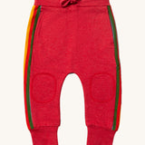 Little Green Radicals Red Organic Cotton Comfy Joggers with rainbow stripe on the sides