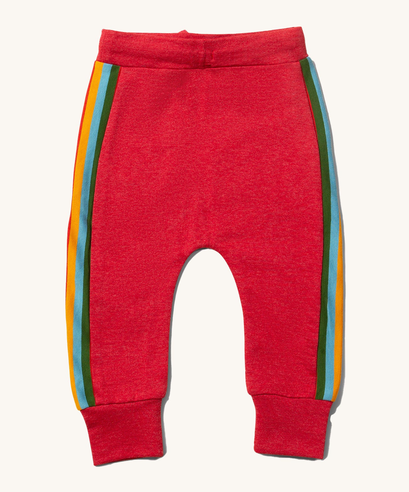 The back of the Little Green Radicals Red rainbow striped Organic Cotton Comfy Joggers with rainbow stripe on the sides