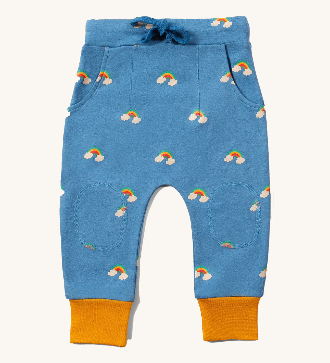 Little Green Radicals Organic Cotton Kids Comfy Joggers with a Blue Rainbows design.