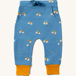 Little Green Radicals Organic Cotton Kids Comfy Joggers with a Blue Rainbows design.