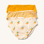 Little Green Radicals Organic Cotton Underwear Briefs Set in a 3 pack. One pair has a little duck print on a cream background, one has yellow gold stripes and one is plain yellow gold.