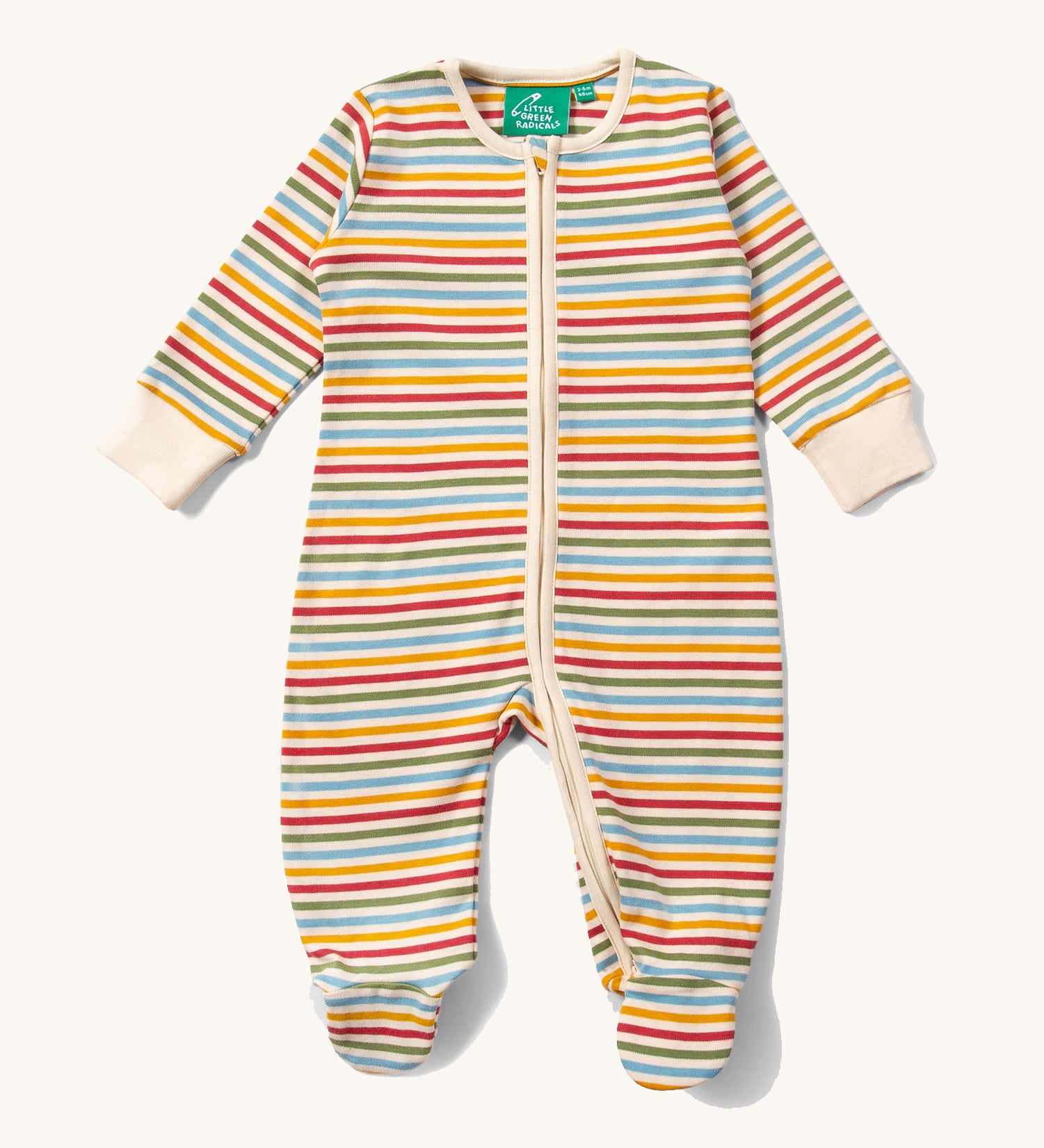 The Little Green Radicals Organic Zip Babygrow with a Cream Rainbow stripe on a plain background.