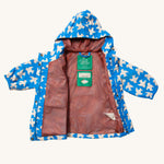 The Little Green Radicals Diving And Splashing Blue Recycled Waterproof Kids Packable Anorak shown with the zip fully unzipped and side folded back showing the red coloured mesh lining inside. 