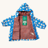 The Little Green Radicals Diving And Splashing Blue Recycled Waterproof Kids Packable Anorak shown with the zip fully unzipped and side folded back showing the red coloured mesh lining inside. 