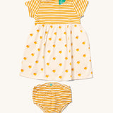 Little Green Radicals organic cotton Easy Peasy Summer Dress with a yellow stripe sleeve and upper body and a Little Ducks print skirt. Sizes up to 24 months have a matching pair of yellow striped nappy cover