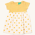 Little Green Radicals organic cotton Easy Peasy Summer Dress with a yellow stripe sleeve and upper body and a Little Ducks print skirt.