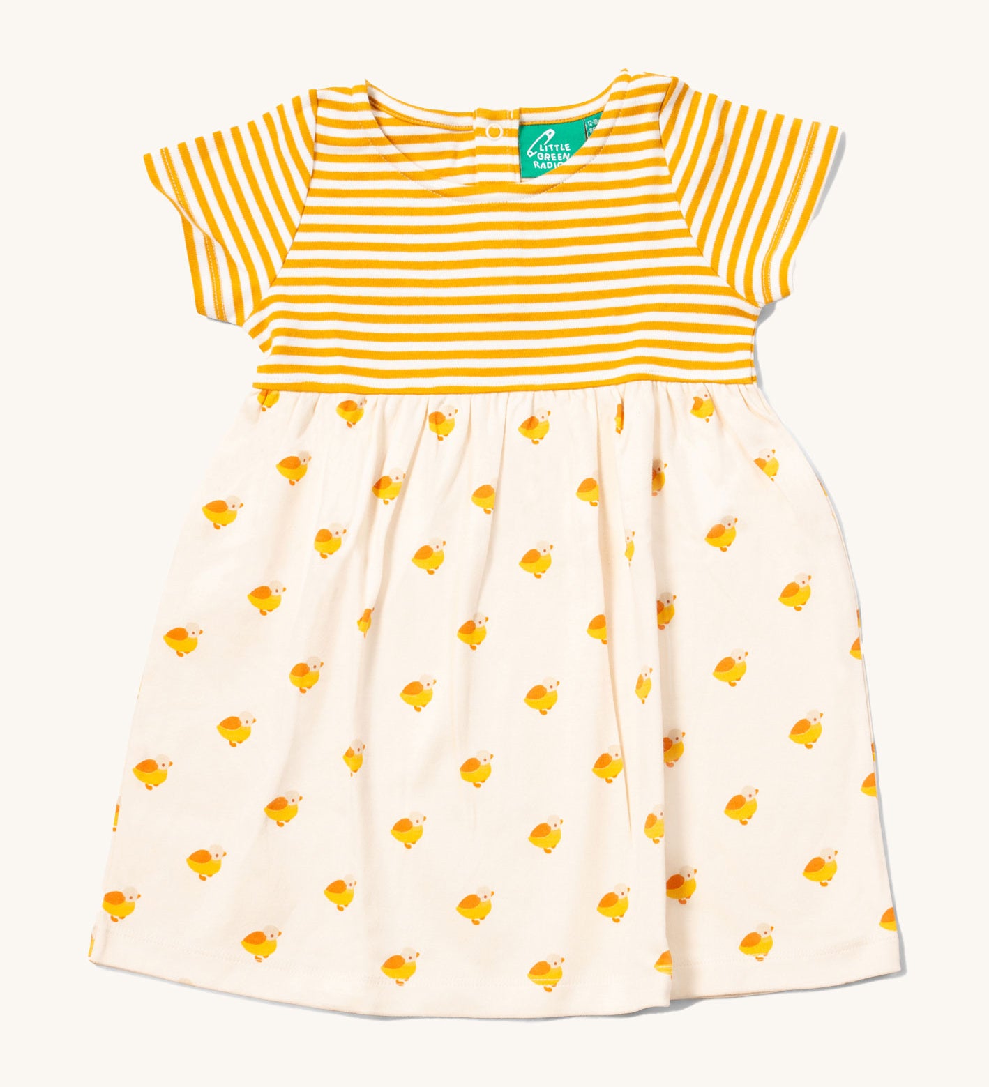 Little Green Radicals organic cotton Easy Peasy Summer Dress with a yellow stripe sleeve and upper body and a Little Ducks print skirt.