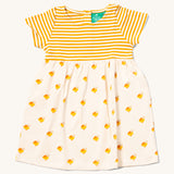 Little Green Radicals organic cotton Easy Peasy Summer Dress with a yellow stripe sleeve and upper body and a Little Ducks print skirt.