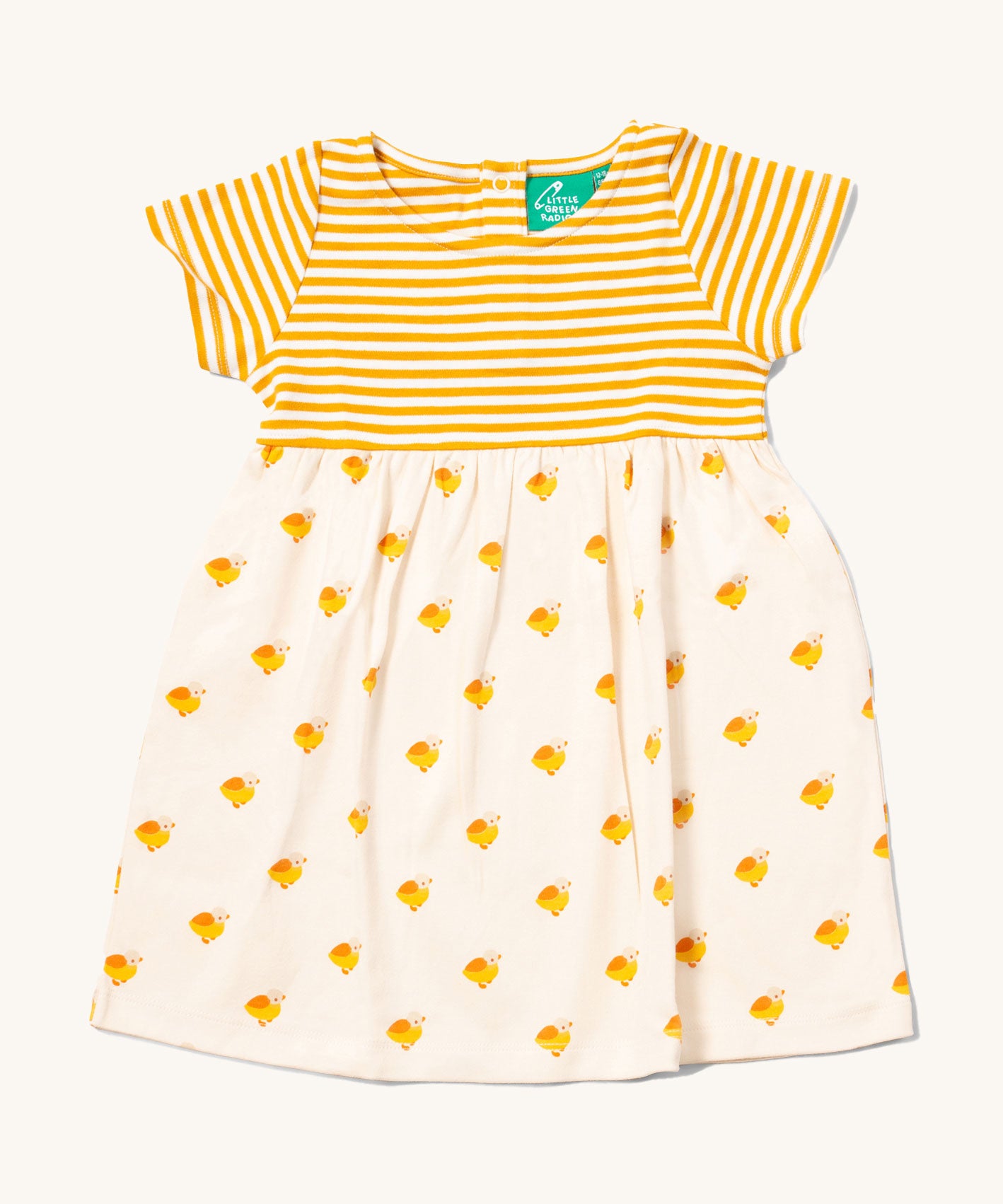 Little Green Radicals organic cotton Easy Peasy Summer Dress with a yellow stripe sleeve and upper body and a Little Ducks print skirt.