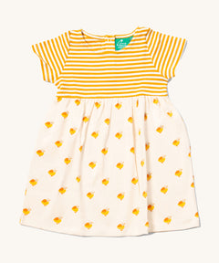 Little Green Radicals organic cotton Easy Peasy Summer Dress with a yellow stripe sleeve and upper body and a Little Ducks print skirt.