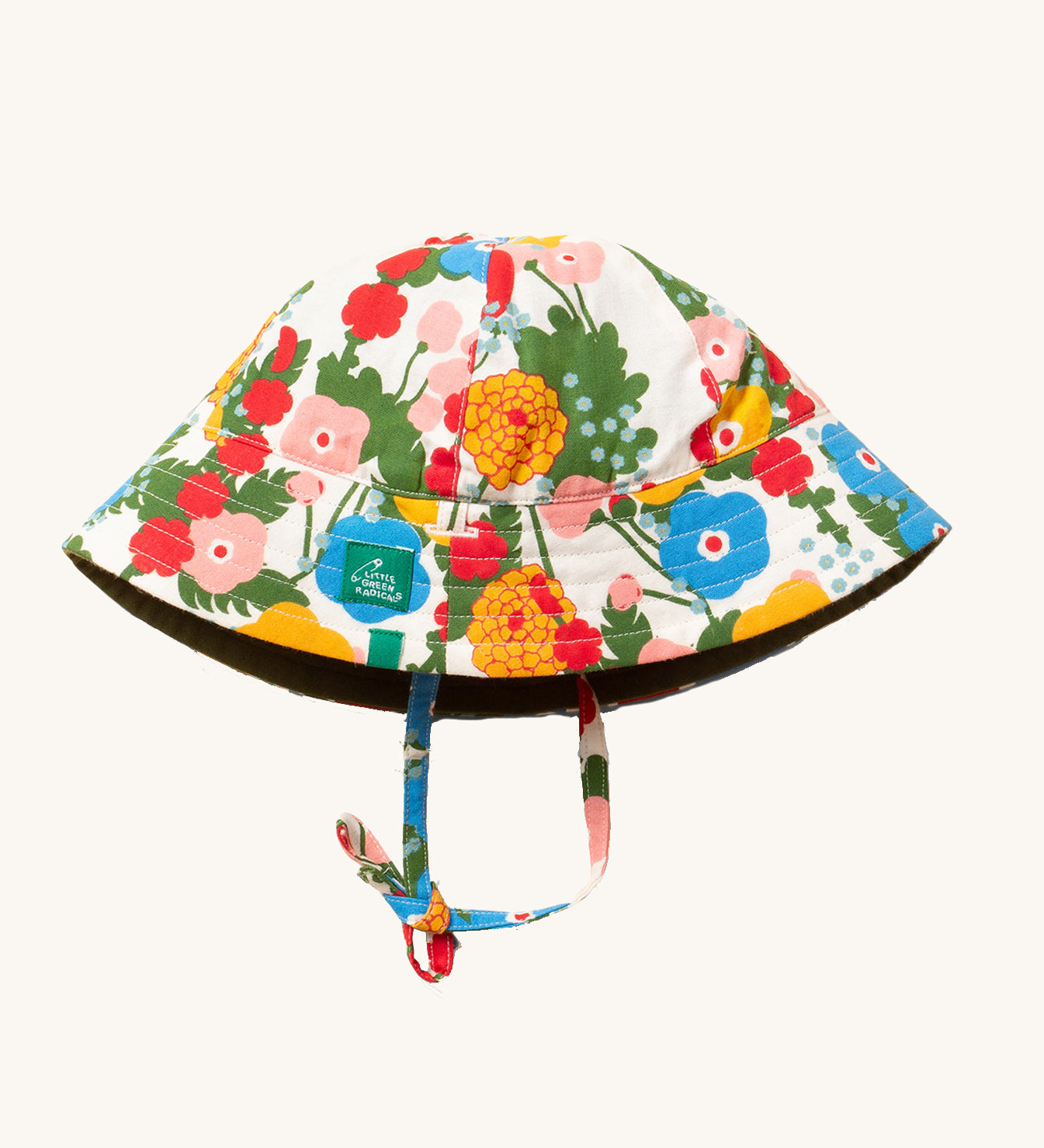 Little Green Radicals Flora and Fauna Reversible Sun Hat shown with the floral print on the outside.