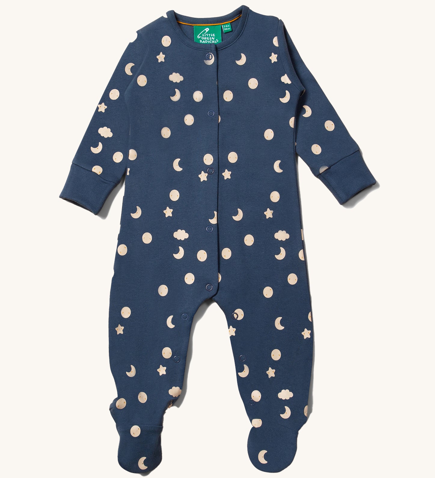 A Little Green Radicals Full Moon Organic Cotton Babygrow on a plain background.