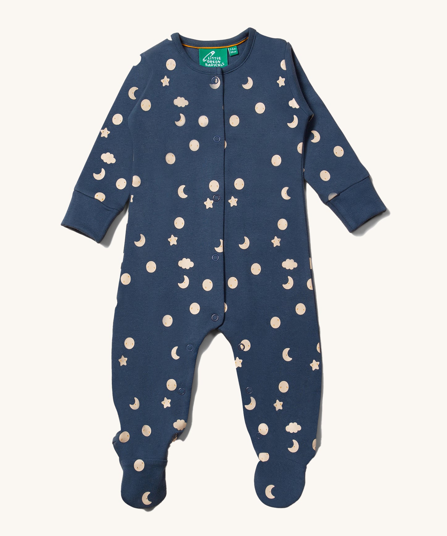 A Little Green Radicals Full Moon Organic Cotton Babygrow on a plain background.