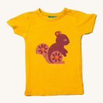 Little Green Radicals Golden Squirrel Short Sleeve T-Shirt. A yellow gold coloured organic cotton  t-shirt with a squirrel on the front. 