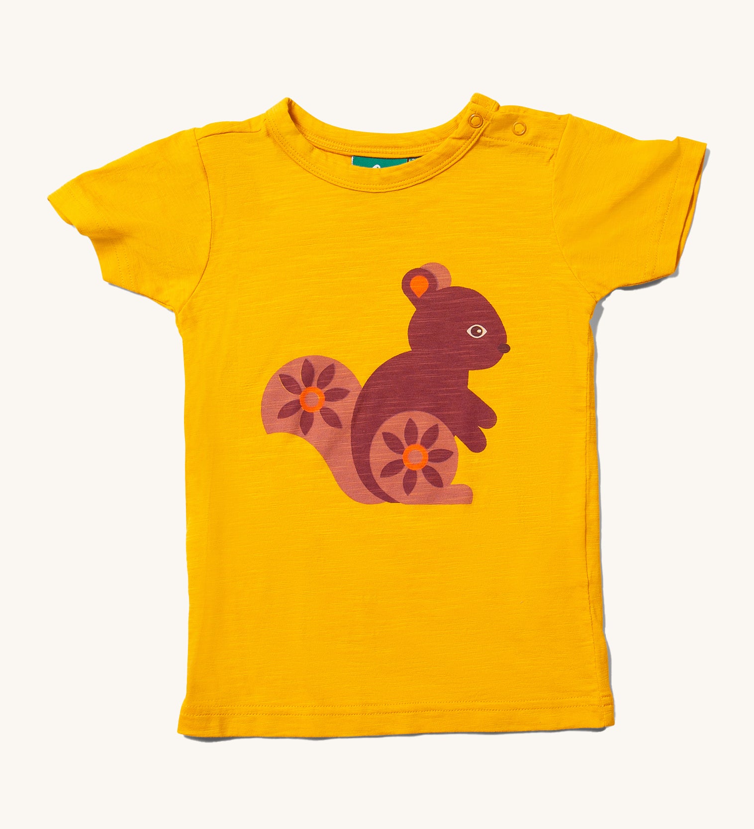 Little Green Radicals Golden Squirrel Short Sleeve T-Shirt. A yellow gold coloured organic cotton  t-shirt with a squirrel on the front. 