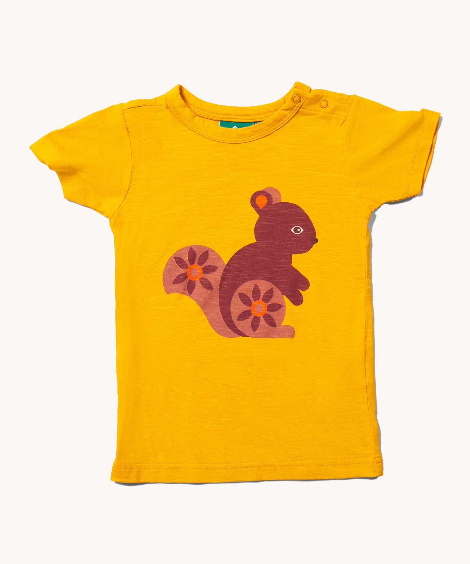 Little Green Radicals Golden Squirrel Short Sleeve T-Shirt. A yellow gold coloured organic cotton  t-shirt with a squirrel on the front. 