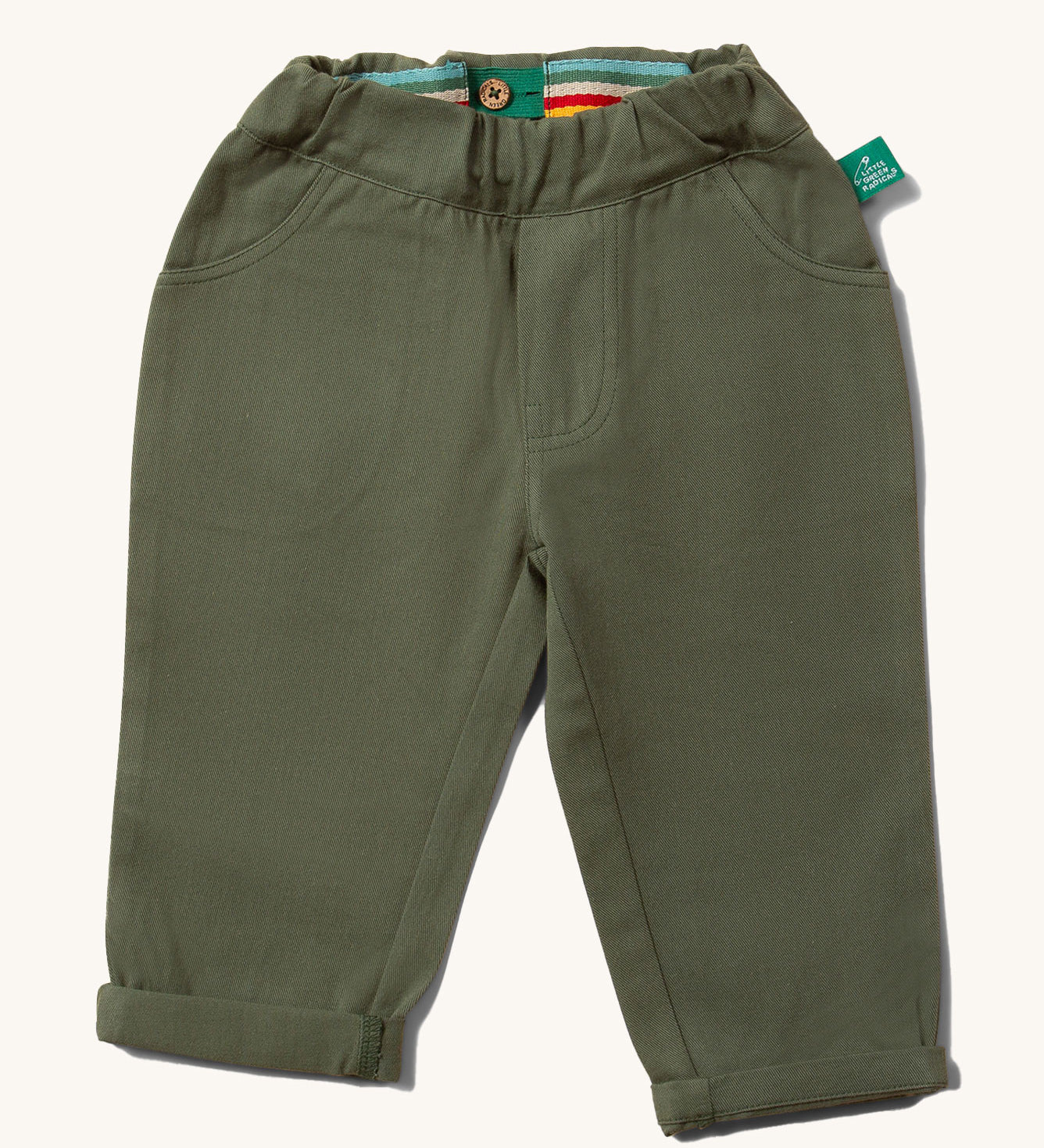 Little Green Radicals organic cotton Kids Green coloured trousers with pockets.