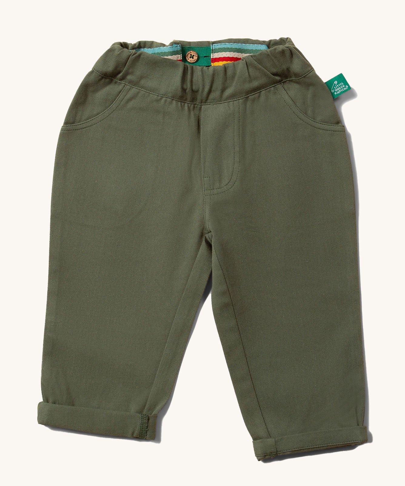 Little Green Radicals organic cotton Kids Green coloured trousers with pockets.