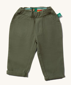 Little Green Radicals organic cotton Kids Green coloured trousers with pockets.