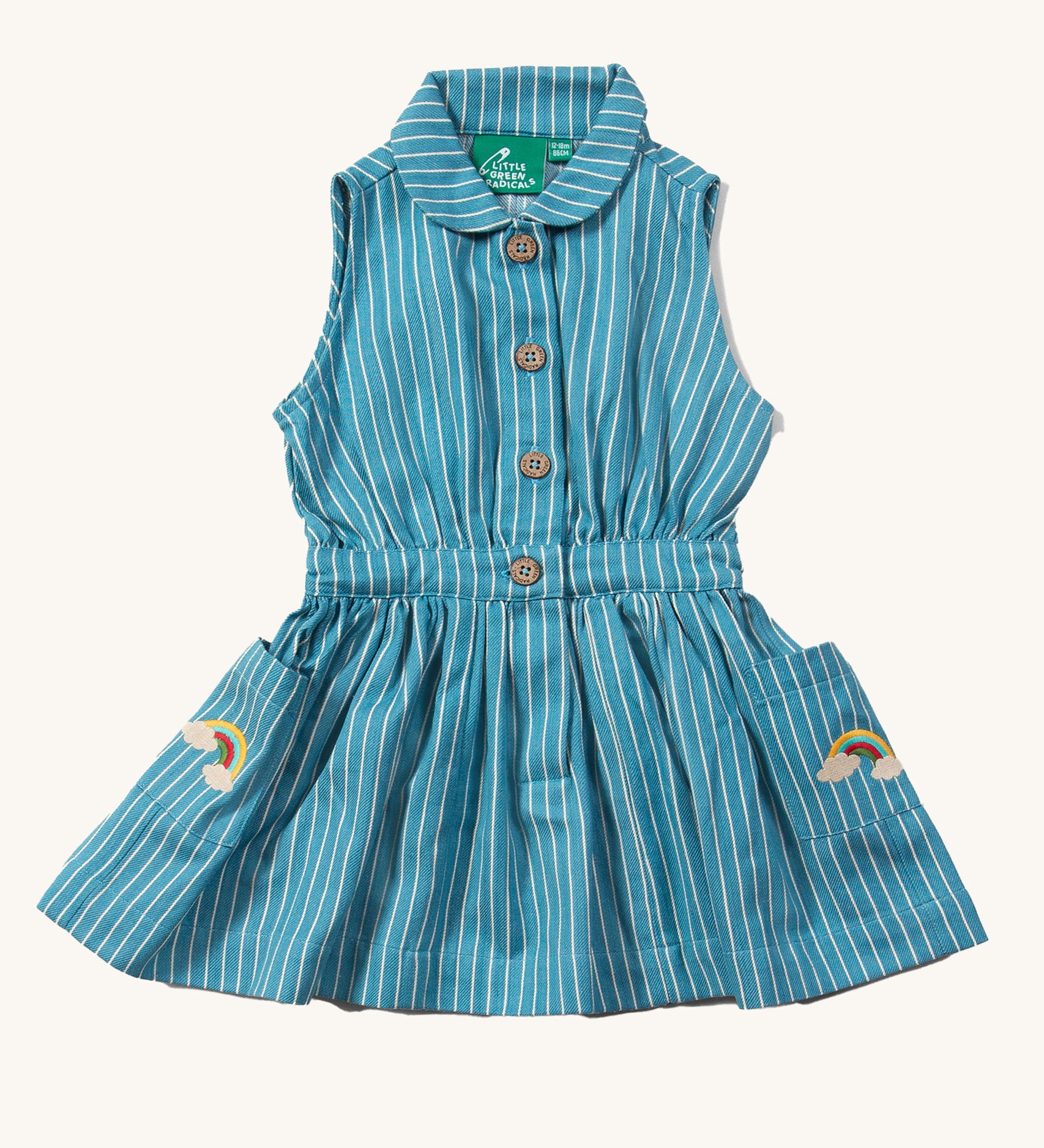 Little Green Radicals Child's Organic Cotton Horizon Blue Striped Pinafore Button Dress