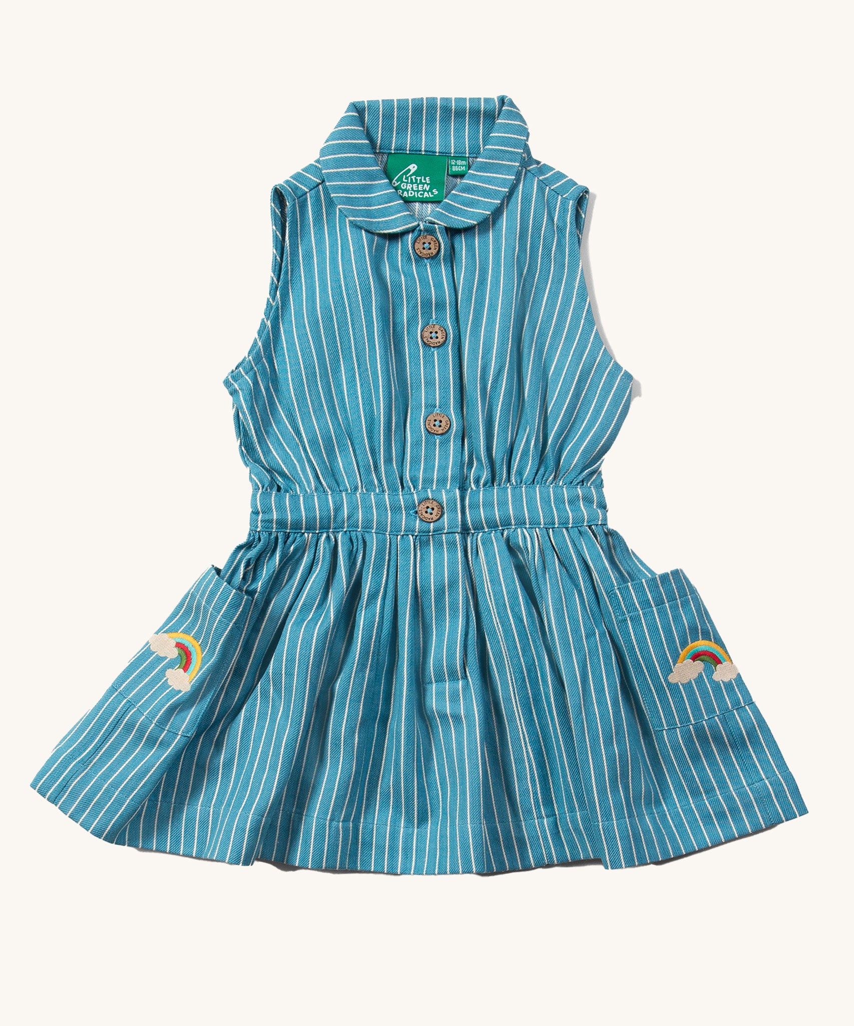 Little Green Radicals Child's Organic Cotton Horizon Blue Striped Pinafore Button Dress