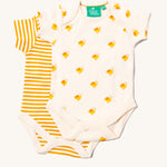 Little Green Radicals Little Ducks Organic 2 Pack Baby Body Set . One vest has an all over yellow coloured duck print on a cream background the other vest has a cream and yellow gold coloured stripe. 