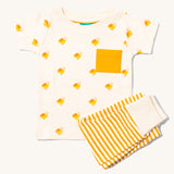 Little Green Radicals Little Ducks print Organic T-Shirt and yellow gold striped Jogger Set. 