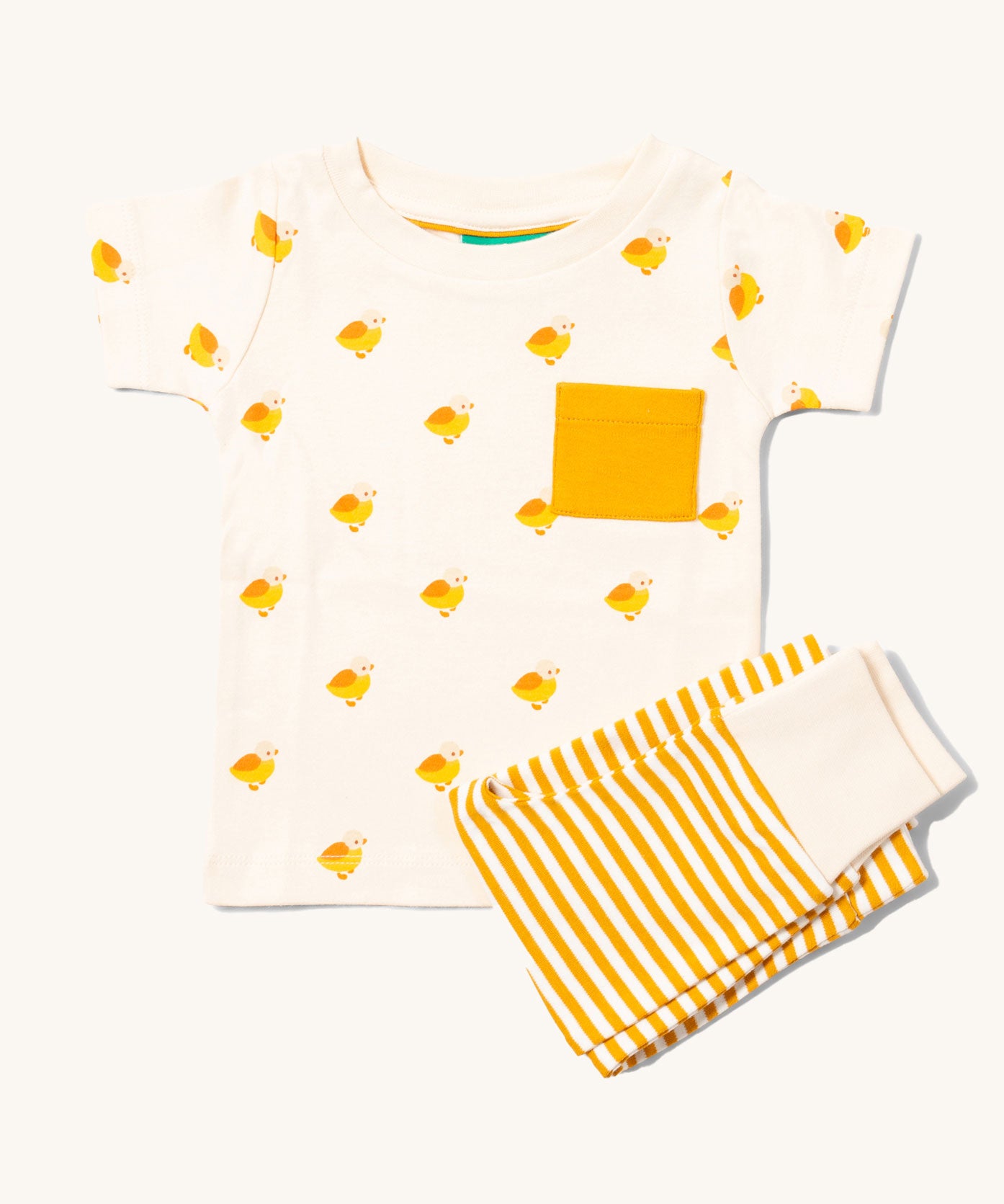 Little Green Radicals Little Ducks print Organic T-Shirt and yellow gold striped Jogger Set. 