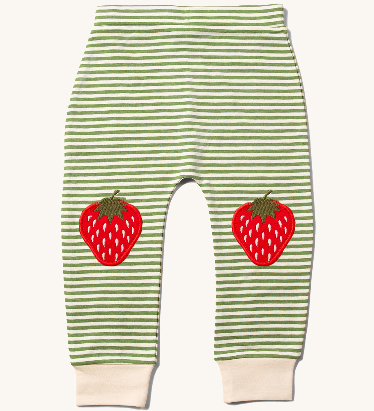 Little Green Radicals Children's Strawberry Knee Patch Green and Cream Striped Organic Cotton Joggers