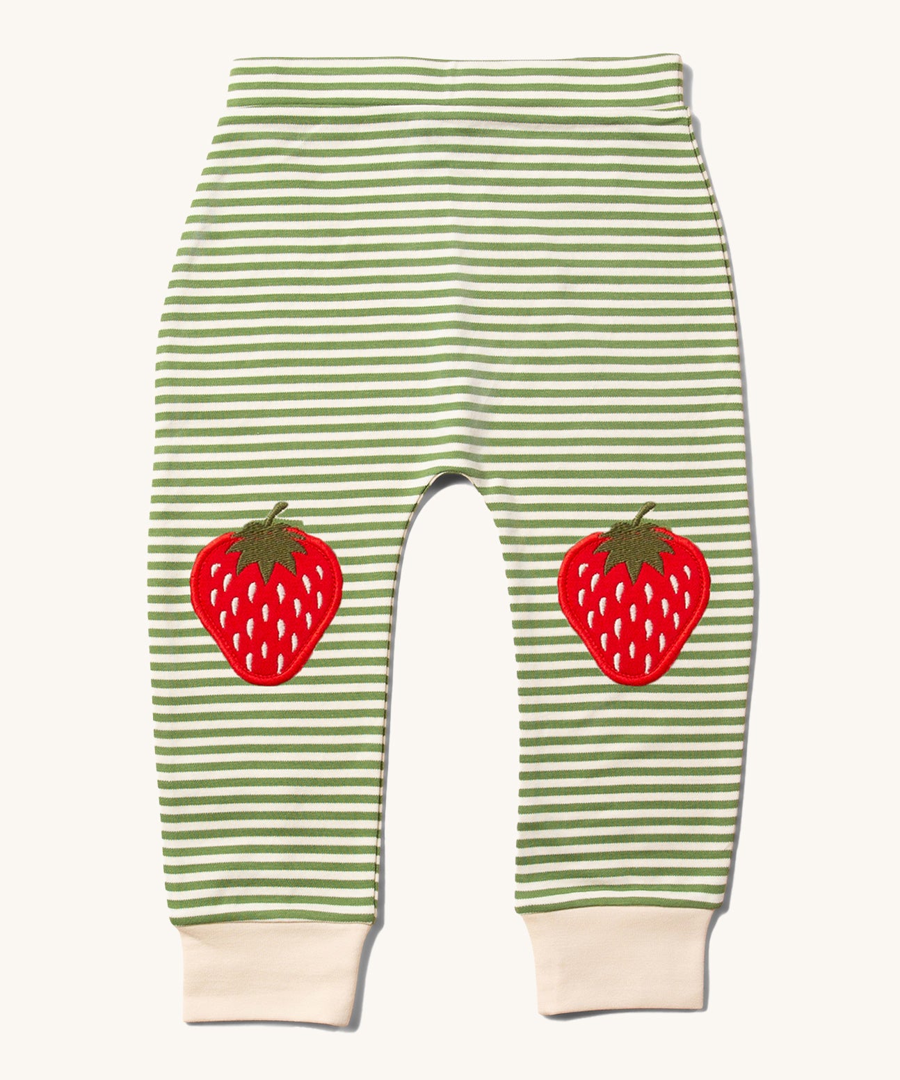 Little Green Radicals Children's Strawberry Knee Patch Green and Cream Striped Organic Cotton Joggers