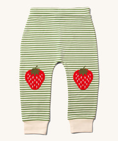 Little Green Radicals Children's Strawberry Knee Patch Green and Cream Striped Organic Cotton Joggers